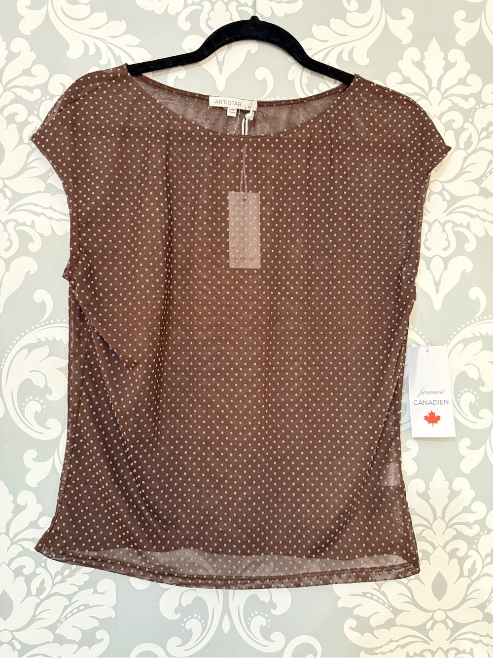 • Antistar Brown Polka Dot Mesh Cap Sleeve Blouse